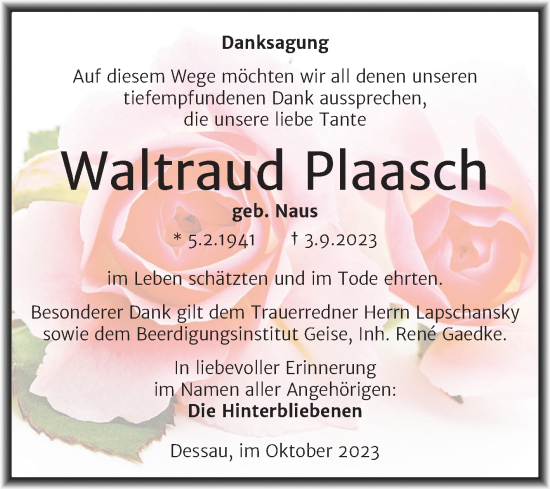 Traueranzeige von Waltraud Plaasch von Trauerkombi Dessau