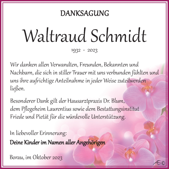 Traueranzeige von Waltraud Schmidt von Trauerkombi Weißenfels