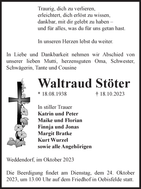 Traueranzeige von Waltraud Stöter von Volksstimme Altmark West