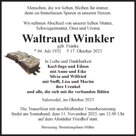 Traueranzeige von Waltraud Winkler von Volksstimme Altmark West