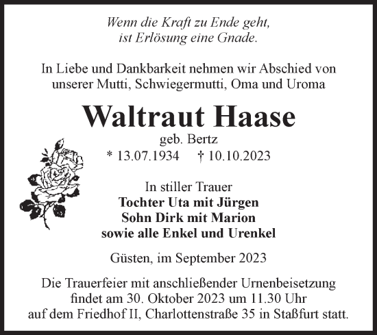 Traueranzeige von Waltraut Haase von Volksstimme Staßfurt