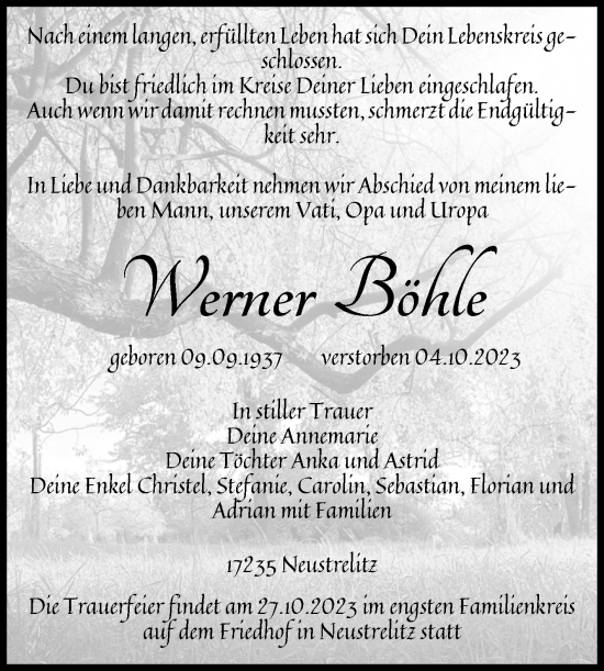 Traueranzeige von Werner Böhle von Volksstimme Staßfurt