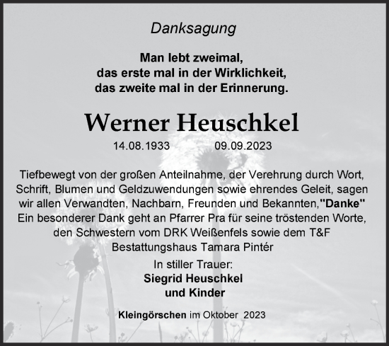 Traueranzeige von Werner Heuschkel von Trauerkombi Weißenfels