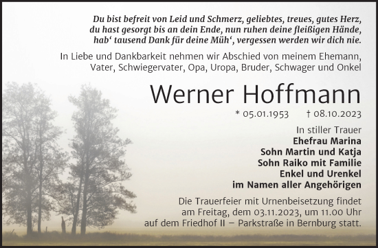 Traueranzeige von Werner Hoffmann von Trauerkombi Bernburg
