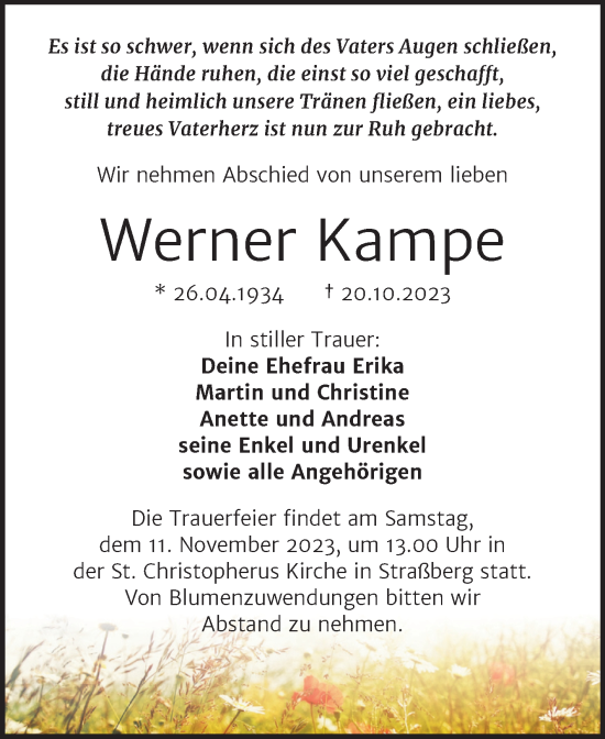 Traueranzeige von Werner Kampe von Trauerkombi Quedlinburg