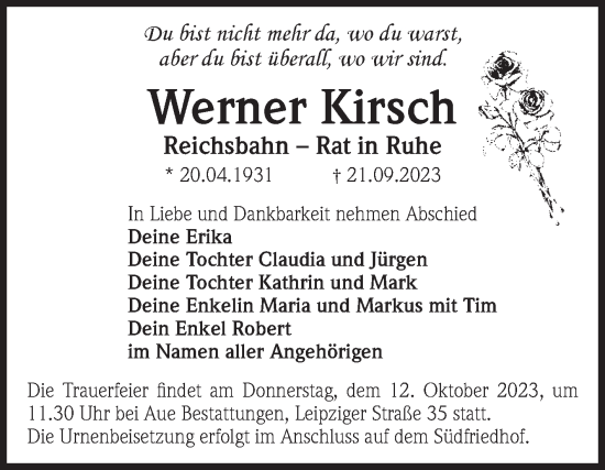 Traueranzeige von Werner Kirsch von Volksstimme Magdeburg