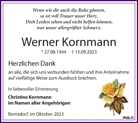 Traueranzeige von Werner Kornmann von Trauerkombi Zeitz