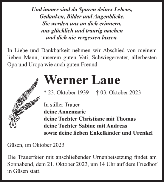 Traueranzeige von Werner Laue von Volksstimme Burg/Genthin