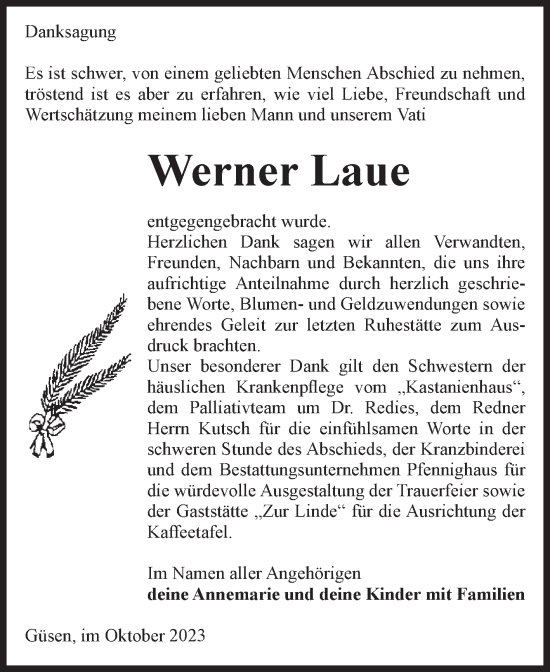 Traueranzeige von Werner Laue von Volksstimme Burg/Genthin