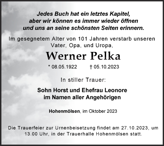 Traueranzeige von Werner Pelka von Trauerkombi Weißenfels