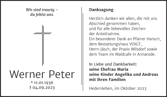 Traueranzeige von Werner Peter von Trauerkombi Mansfelder Land