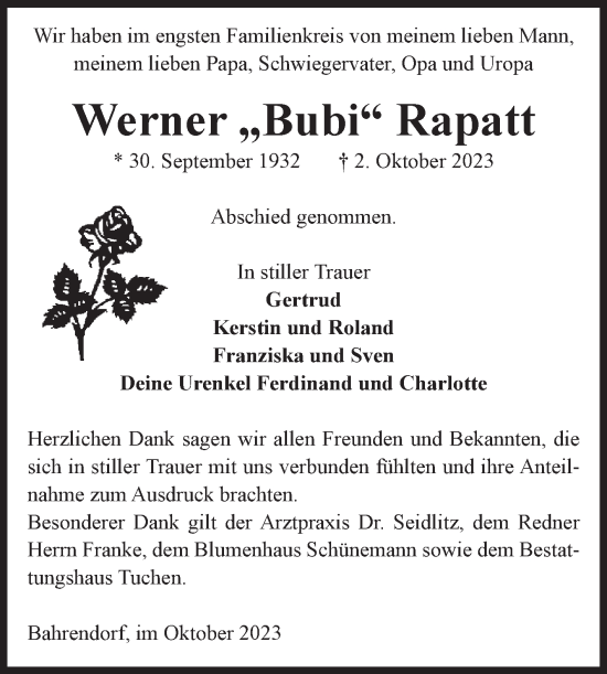 Traueranzeige von Werner Rapatt von Volksstimme Oschersleben/Wanzleben