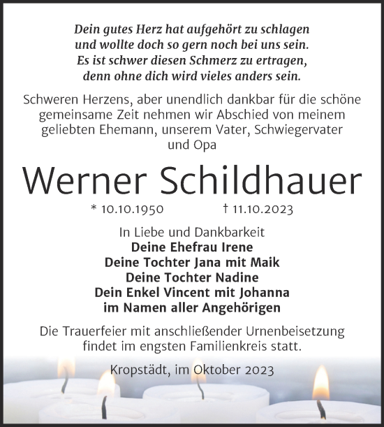 Traueranzeige von Werner Schildhauer von Trauerkombi Wittenberg