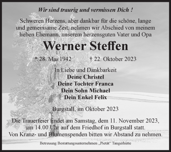 Traueranzeige von Werner Steffen von Volksstimme Haldensleben/Wolmirstedt