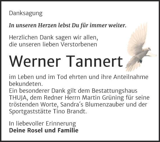 Traueranzeige von Werner Tannert von Trauerkombi Köthen