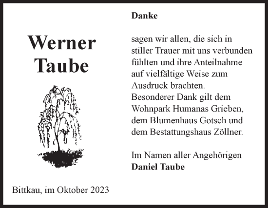 Traueranzeige von Werner Taube von Volksstimme Altmark Ost