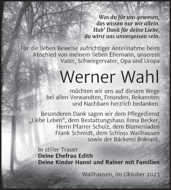 Traueranzeige von Werner Wahl von Trauerkombi Sangerhausen