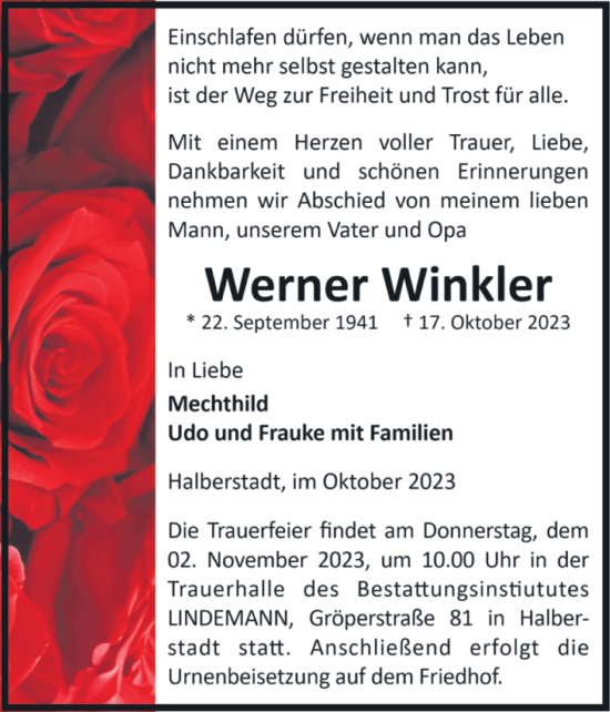 Traueranzeige von Werner Winkler von Volksstimme Halberstadt