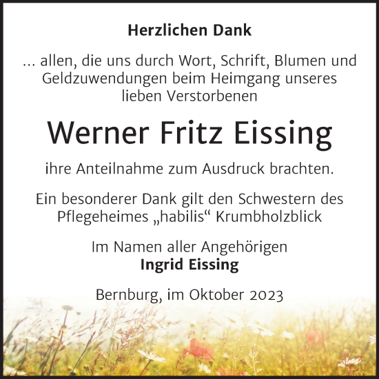 Traueranzeige von Werner Fritz Eissing von Trauerkombi Bernburg