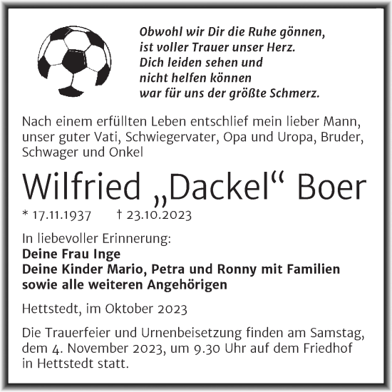 Traueranzeige von Wilfried  Boer von Trauerkombi Mansfelder Land