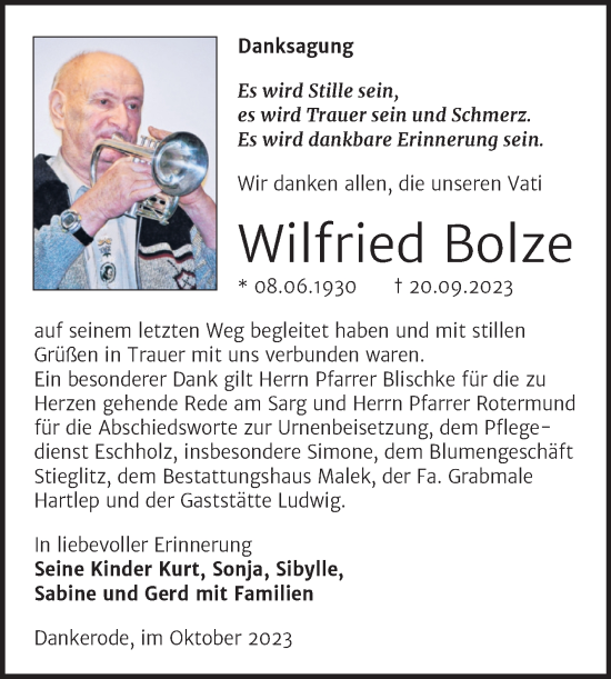 Traueranzeige von Wilfried Bolze von Trauerkombi Quedlinburg