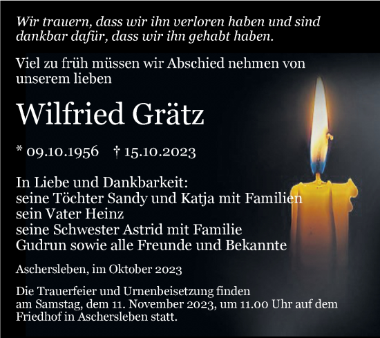 Traueranzeige von Wilfried Grätz von Trauerkombi Aschersleben