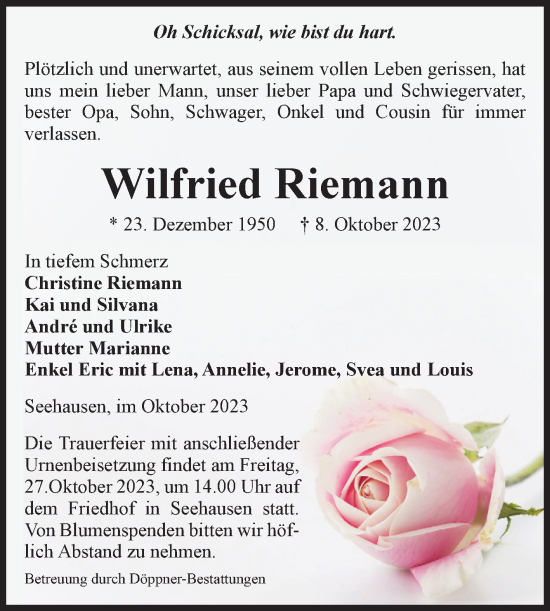 Traueranzeige von Wilfried Riemann von Volksstimme Oschersleben/Wanzleben