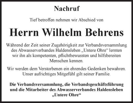 Traueranzeige von Wilhelm Behrens von Volksstimme Haldensleben/Wolmirstedt
