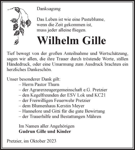 Traueranzeige von Wilhelm Gille von Volksstimme Altmark West