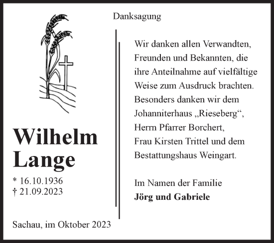 Traueranzeige von Wilhelm Lange von Volksstimme Altmark West