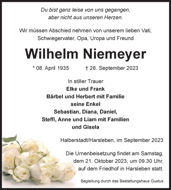 Traueranzeige von Wilhelm Niemeyer von Volksstimme Halberstadt