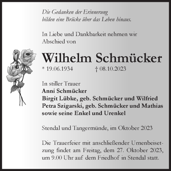 Traueranzeige von Wilhelm Schmücker von Volksstimme Altmark Ost