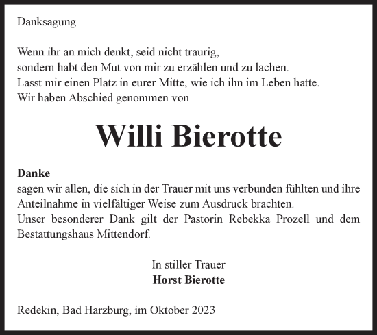 Traueranzeige von Willi Bierotte von Volksstimme Burg/Genthin