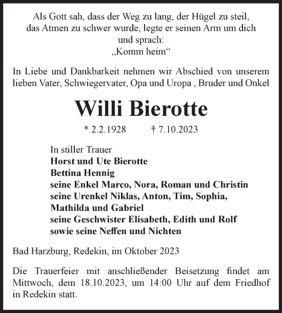 Traueranzeige von Willi Bierotte von Volksstimme Burg/Genthin