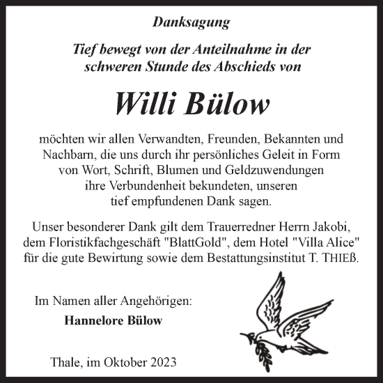 Traueranzeige von Willi Bülow von Trauerkombi Quedlinburg