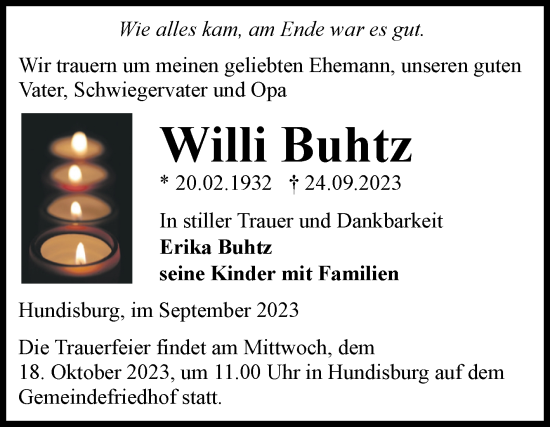 Traueranzeige von Willi Buhtz von Volksstimme Haldensleben/Wolmirstedt