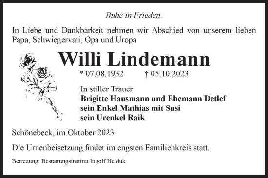Traueranzeige von Willi Lindemann von Volksstimme Schönebeck