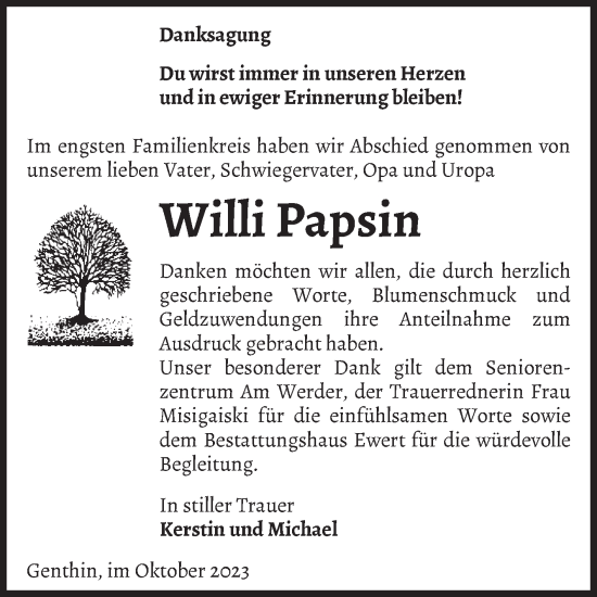 Traueranzeige von Willi Papsin von Volksstimme Burg/Genthin