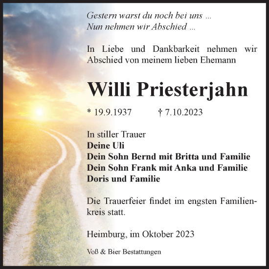 Traueranzeige von Willi Priesterjahn von Volksstimme Wernigerode