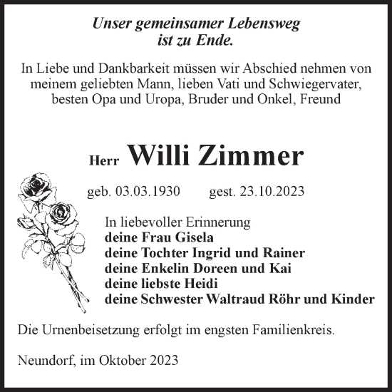 Traueranzeige von Willi Zimmer von Volksstimme Staßfurt