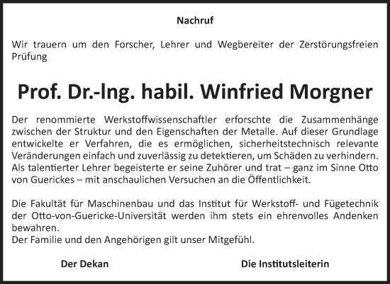 Traueranzeige von Winfried Morgner von Volksstimme Magdeburg