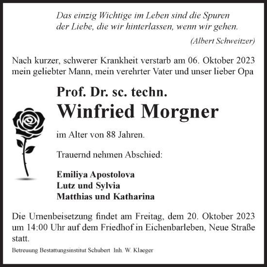 Traueranzeige von Winfried Morgner von Volksstimme Magdeburg