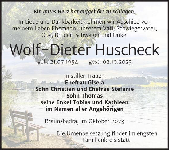 Traueranzeige von Wolf-Dieter Huscheck von Trauerkombi Merseburg