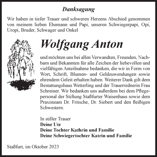 Traueranzeige von Wolfgang Anton von Volksstimme Staßfurt