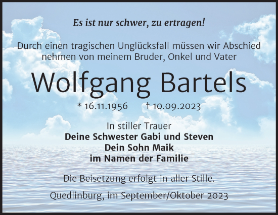 Traueranzeige von Wolfgang Bartels von Trauerkombi Quedlinburg