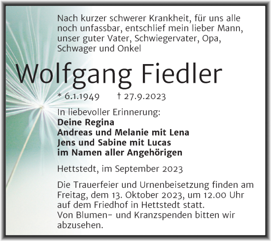 Traueranzeige von Wolfgang Fiedler von Trauerkombi Mansfelder Land