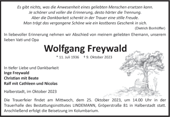 Traueranzeige von Wolfgang Freywald von Volksstimme Halberstadt