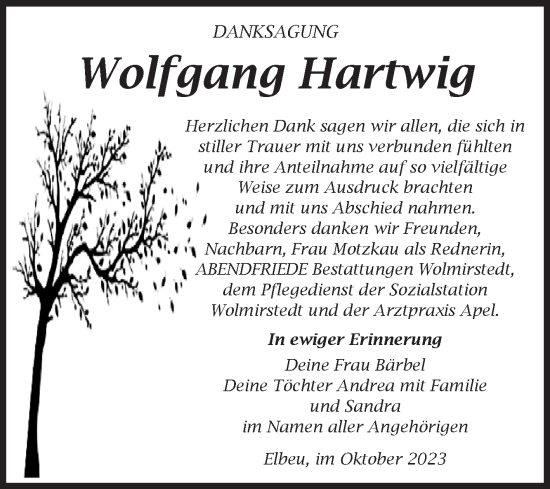 Traueranzeige von Wolfgang Hartwig von Volksstimme Haldensleben/Wolmirstedt