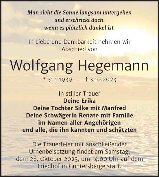 Traueranzeige von Wolfgang Hegemann von Trauerkombi Quedlinburg