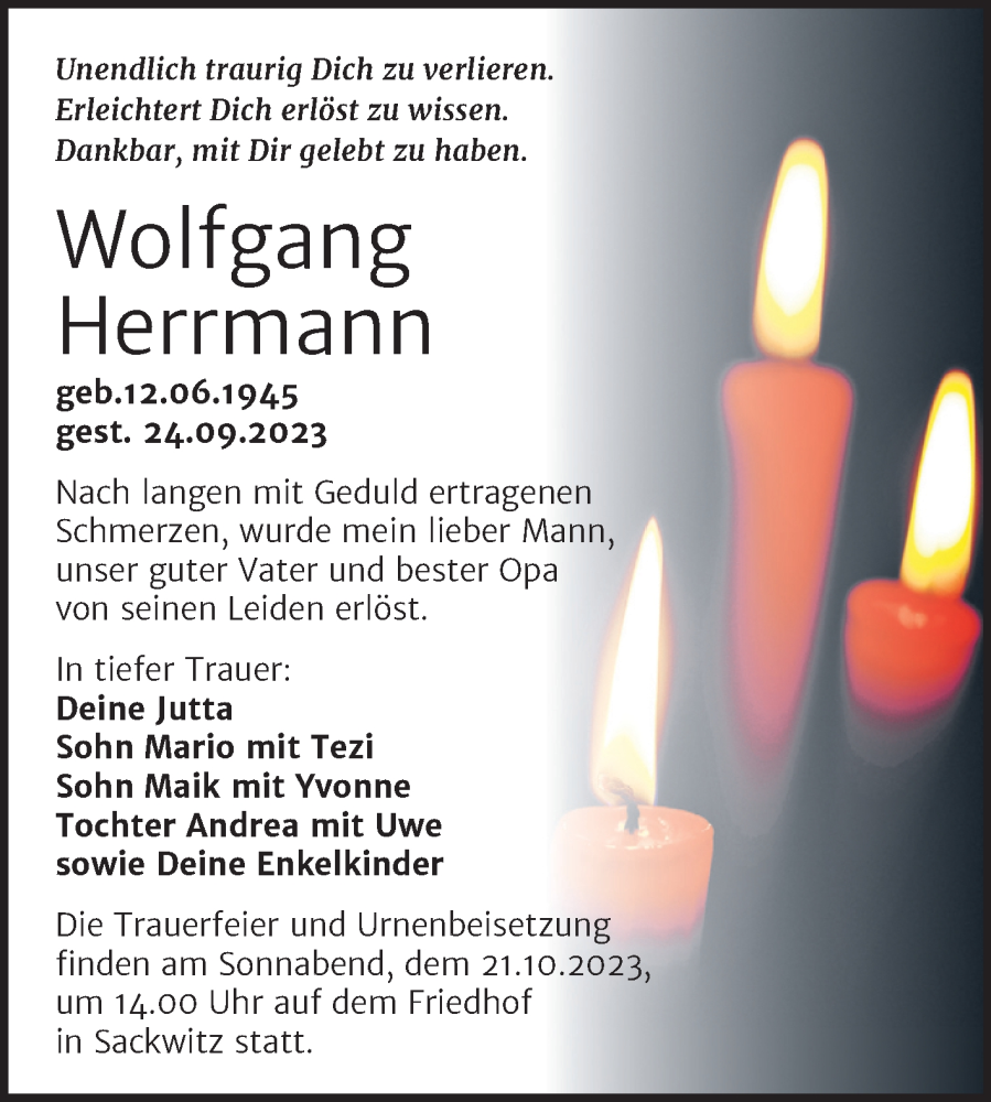  Traueranzeige für Wolfgang Herrmann vom 07.10.2023 aus Trauerkombi Wittenberg